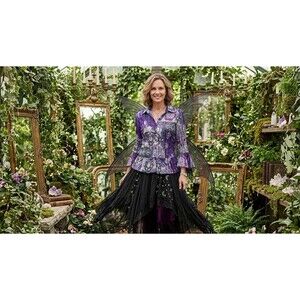 Womens Top Sz M Semi-Sheer Metallic Whimsygoth Fairy Purple Bell Sleeve Floral